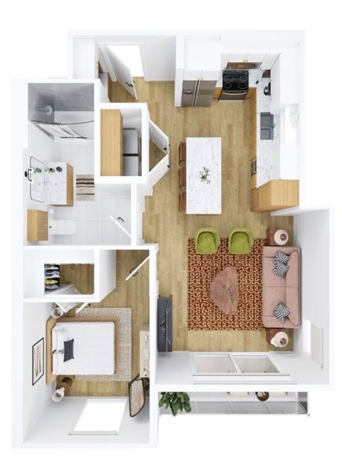 Floor plan for 1 bed, 1 bath, 725 sqft